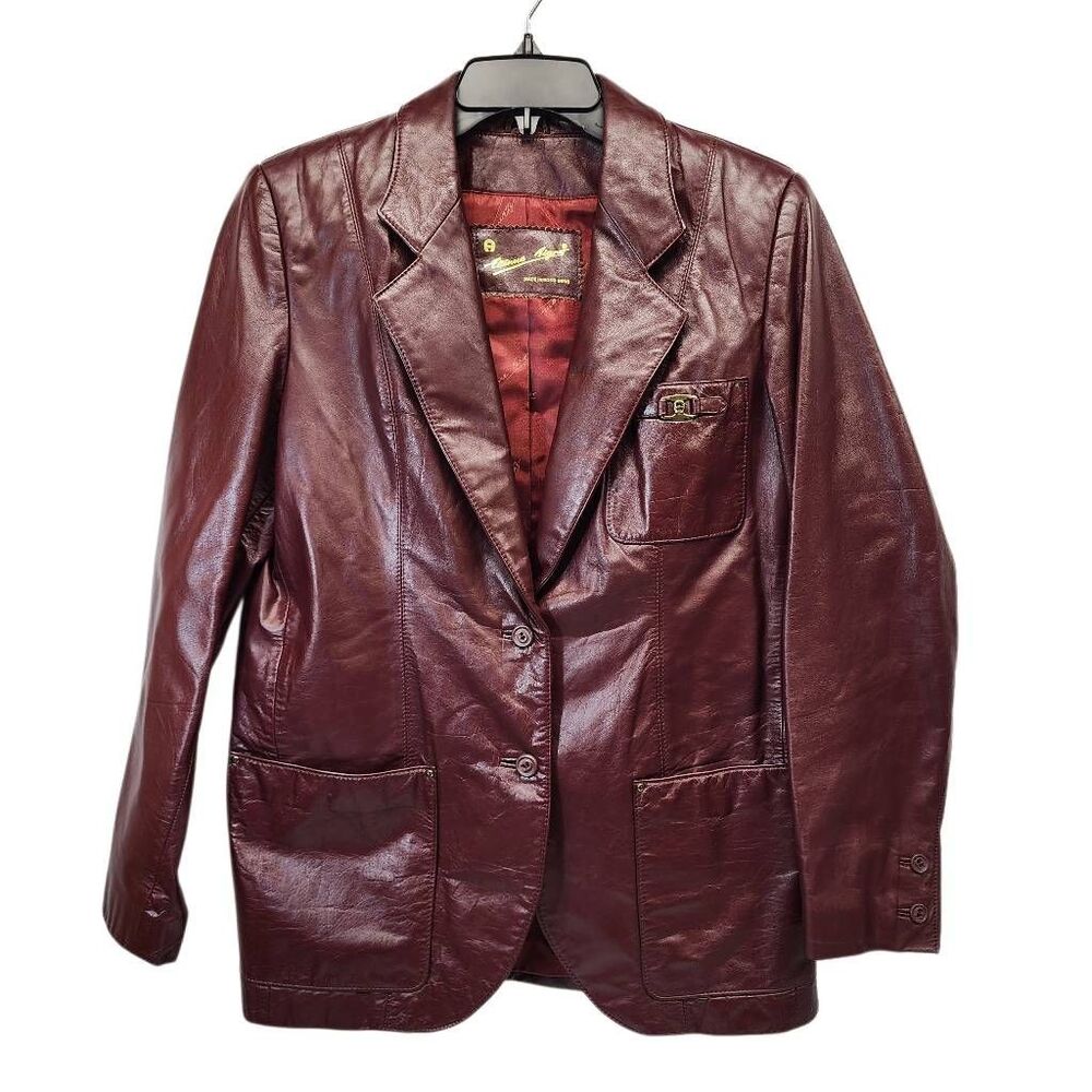 Etienne Aigner Burgundy Genuine Leather Blazer Jacket Women's Size 12 Vintage - Picture 10 of 10
